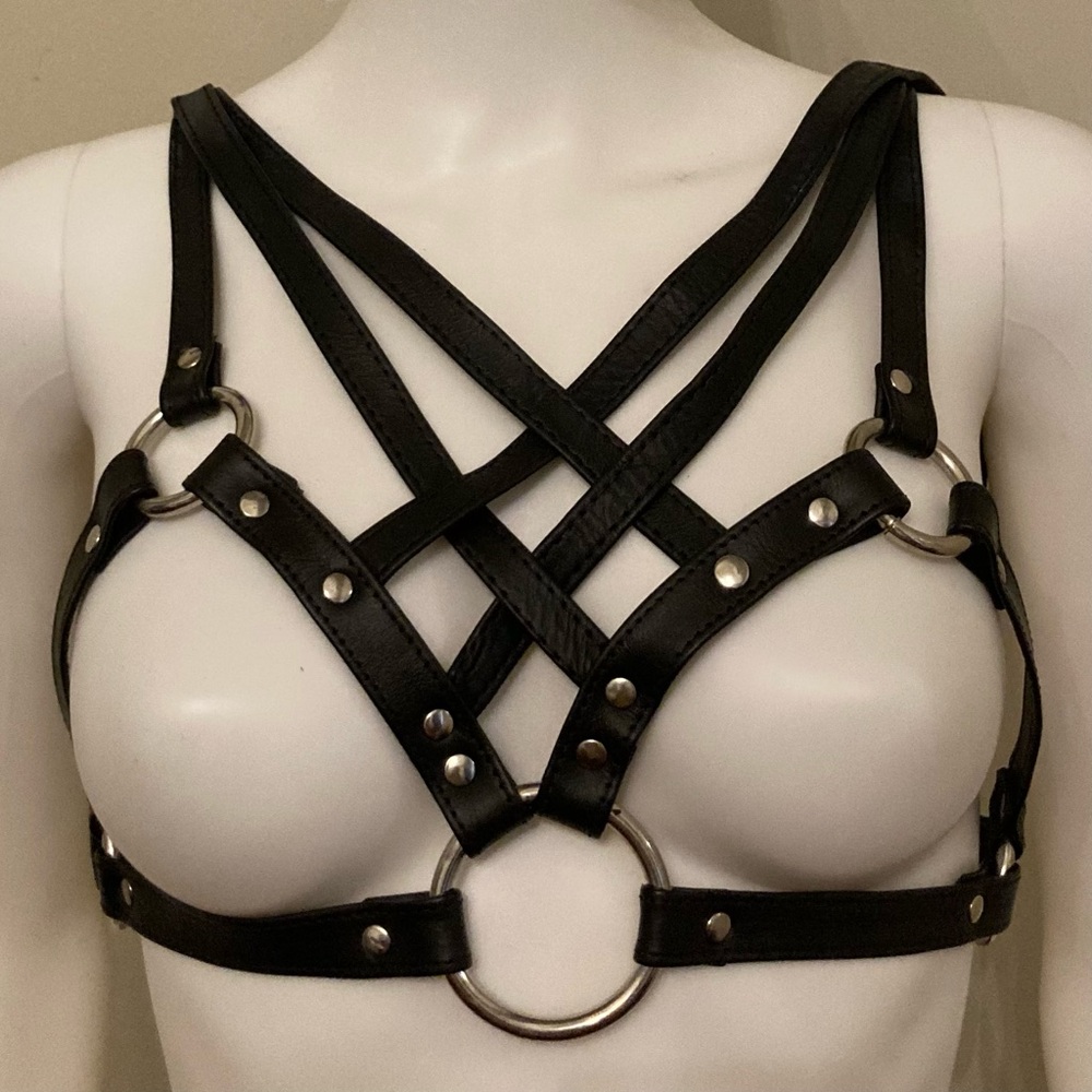 Sassy Black Strappy Harness Cage Bra with Bondage Strap